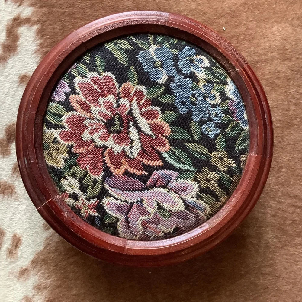 Vintage Wood Wooden Tapestry Round Jewelry Box